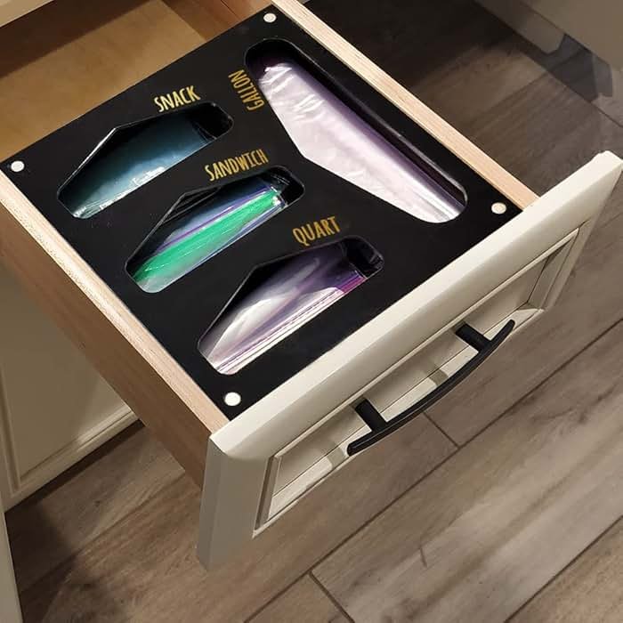 OnDisplay Luxe Acrylic Kitchen Drawer Zip Food Storage Bag Organizer - Food Baggie Holder for Snack/Sandwich/Quart/Gallon Sizes - Compatible with Ziploc, Hefty & Glad (Black) - Product Image