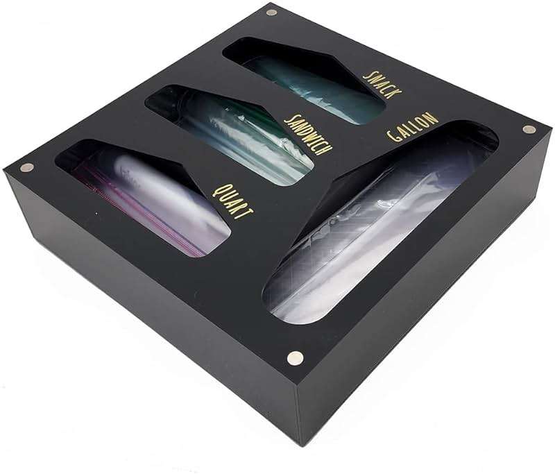 OnDisplay Luxe Acrylic Kitchen Drawer Zip Food Storage Bag Organizer - Food Baggie Holder for Snack/Sandwich/Quart/Gallon Sizes - Compatible with Ziploc, Hefty & Glad (Black) - Image 3
