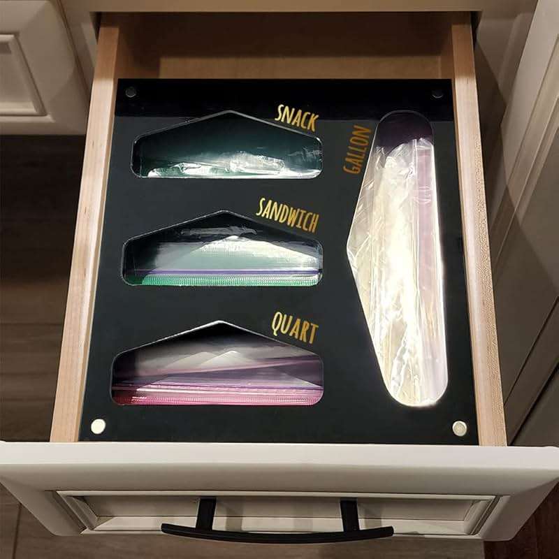 OnDisplay Luxe Acrylic Kitchen Drawer Zip Food Storage Bag Organizer - Food Baggie Holder for Snack/Sandwich/Quart/Gallon Sizes - Compatible with Ziploc, Hefty & Glad (Black) - Image 4