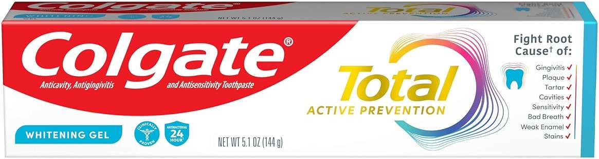 Colgate Total Active Prevention Whitening Gel Toothpaste, Whitening Fluoride Toothpaste, Clinically Proven Fluoride Formula Helps Fight Plaque Bacteria, Mint, 5.1 oz - Image 1