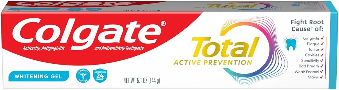 Colgate Total Active Prevention Whitening Gel Toothpaste, Whitening Fluoride Toothpaste, Clinically Proven Fluoride Formula Helps Fight Plaque Bacteria, Mint, 5.1 oz - Product Image