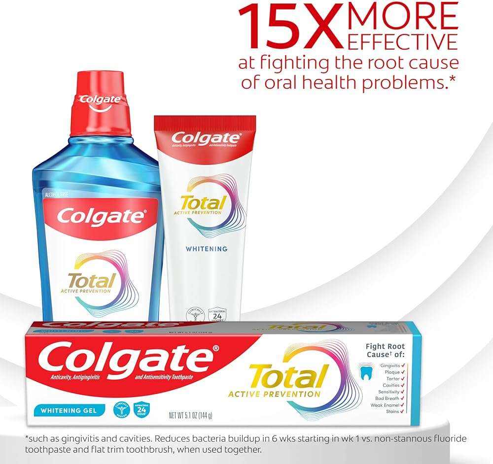 Colgate Total Active Prevention Whitening Gel Toothpaste, Whitening Fluoride Toothpaste, Clinically Proven Fluoride Formula Helps Fight Plaque Bacteria, Mint, 5.1 oz - Image 2