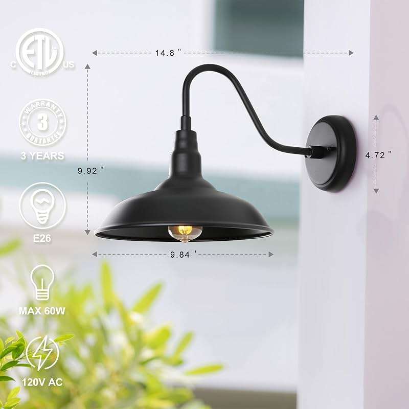 GOALPLUS 10in. Gooseneck Barn Light 6 Pack Farmhouse Wall Mount Light Fixture Exterior Waterproof Black Industrial Wall Sconce for Porch, Garage, Patio and Doorway, E26, LM2201-6P - Image 3