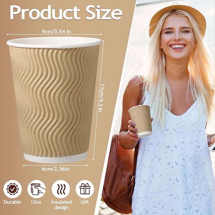 Foaincore 200 Pack 12 oz Brown Paper Cups, Disposable Ripple Insulated Hot Beverage Cups for Coffee, Tea, Hot Chocolate, Cold Drinks, Party & Events - Image 3