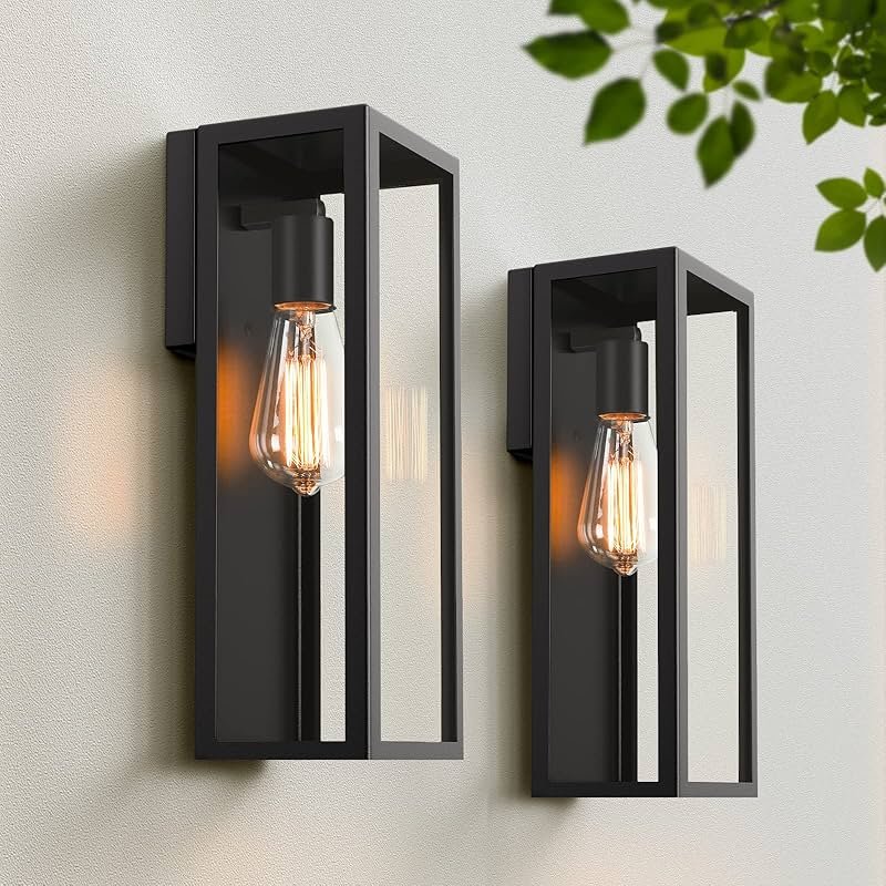 2-Pack Outdoor Wall Lanterns, Exterior Waterproof Wall Sconce with Glass Shades, Matte Black Porch Lights Wall Mounted, Anti-Rust E26 Modern Wall Lighting Fixtures for Patio Garage Entryway Front Door - Product Image