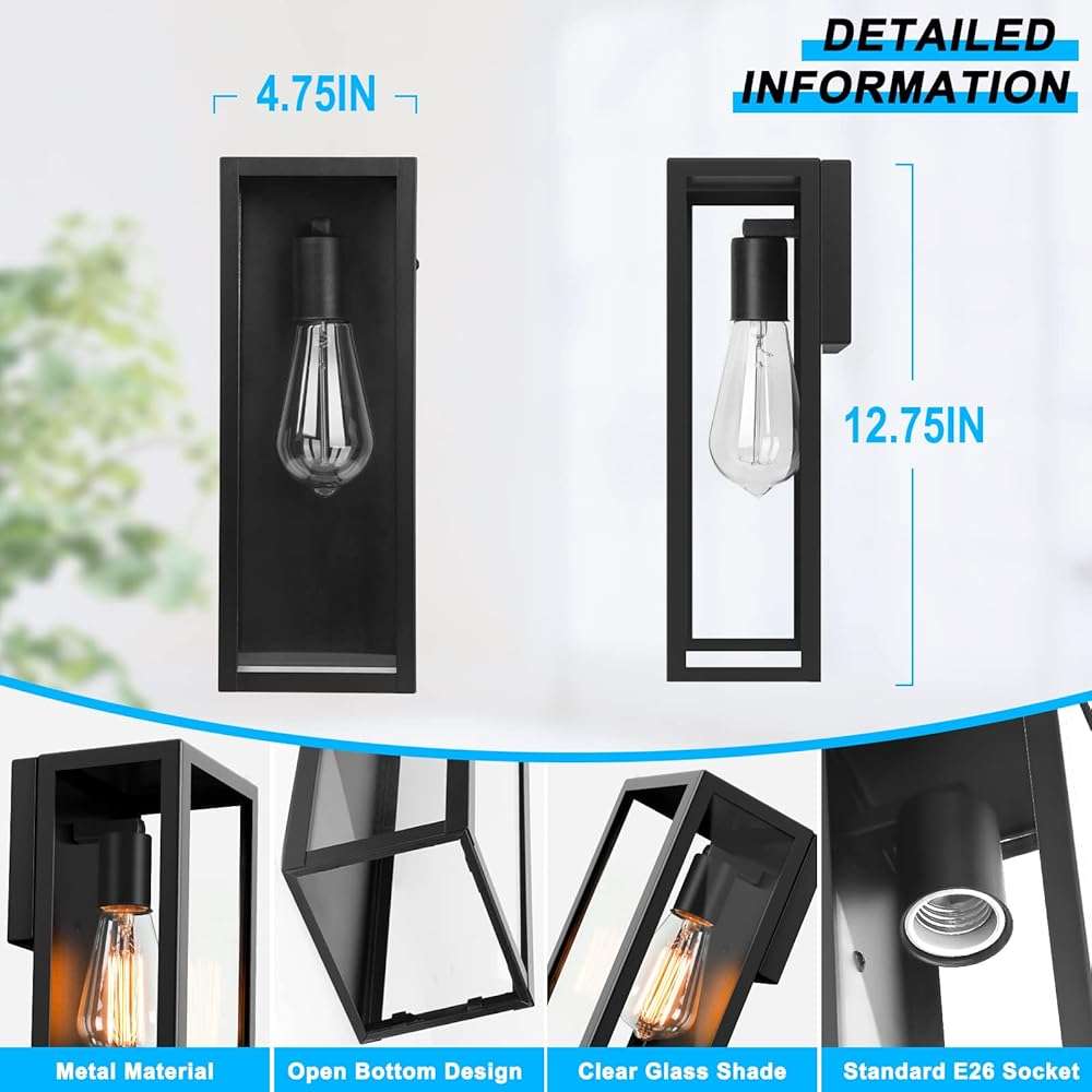 2-Pack Outdoor Wall Lanterns, Exterior Waterproof Wall Sconce with Glass Shades, Matte Black Porch Lights Wall Mounted, Anti-Rust E26 Modern Wall Lighting Fixtures for Patio Garage Entryway Front Door - Image 3