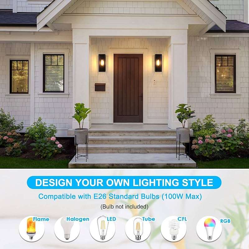 2-Pack Outdoor Wall Lanterns, Exterior Waterproof Wall Sconce with Glass Shades, Matte Black Porch Lights Wall Mounted, Anti-Rust E26 Modern Wall Lighting Fixtures for Patio Garage Entryway Front Door - Image 6
