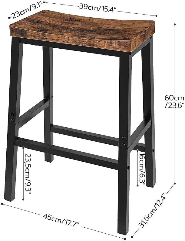 HOOBRO Bar Stools, Set of 2 Bar Chairs, 23.6 Inch Saddle Stools, Kitchen Counter Seat with Footrests, Industrial Barstools for Dining Room, Kitchen, Counter, Rustic Brown and Black BF02MD01 - Image 3