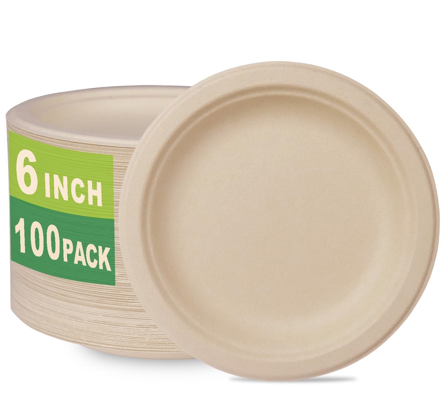 GreenWorks 100 Count 6“ Small Compostable Dessert Plates, Heavy-duty Unbleached Biodegradable Bagasse and Bamboo fiber Paper Plates - Product Image
