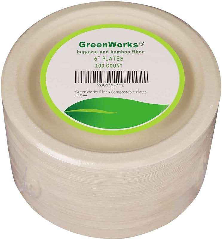 GreenWorks 100 Count 6“ Small Compostable Dessert Plates, Heavy-duty Unbleached Biodegradable Bagasse and Bamboo fiber Paper Plates - Image 5