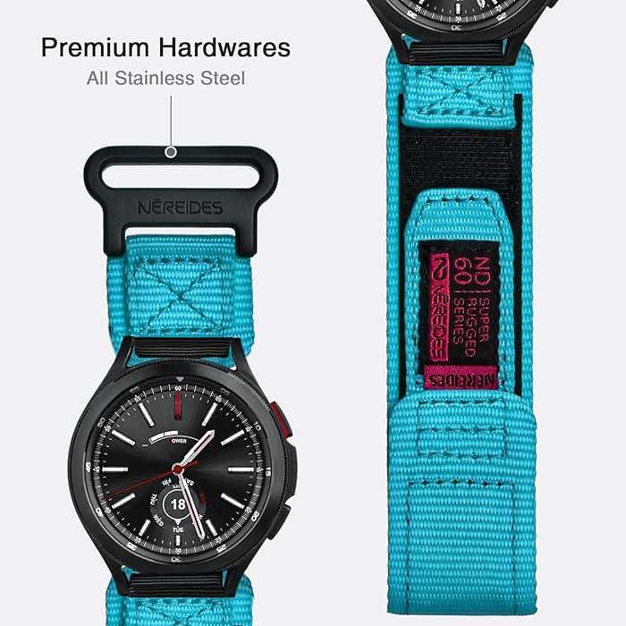 Nereides 20mm Watch Band Compatible with Samsung Galaxy Watch 7 6 5 4 FE/ 6 4 Classic/ 5 Pro/ Active, Nylon Quick Release Strap for Garmin Vivoactive 6 5 3/ Forerunner 645 55 245 165 (Blue, L) - Image 4