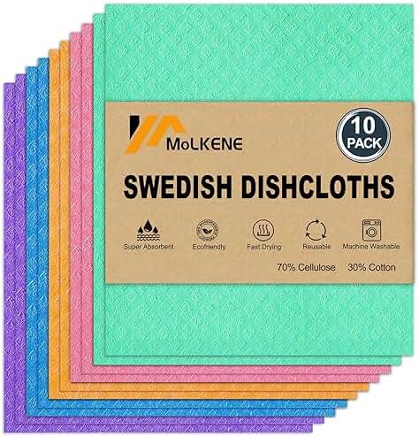 MoLKENE Swedish Dish Cloths - 10 Pack Reusable Kitchen Dishcloths - Ultra Absorbent Dish Towels for Washing Dishes - Cellulose Sponge Cloth Cleaning Rag - Assorted - Product Image