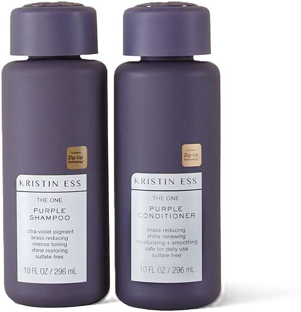 Kristin Ess Hair Purple Shampoo and Conditioner Set for Blonde, Brunette, Silver + Gray Hair, Anti Brass + Yellow Tones, Safe for Color Treated Hair, Sulfate Free Toning Shampoo Conditioner - Image 1