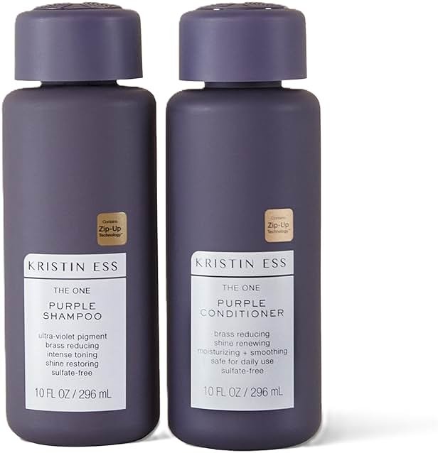 Kristin Ess Hair Purple Shampoo and Conditioner Set for Blonde, Brunette, Silver + Gray Hair, Anti Brass + Yellow Tones, Safe for Color Treated Hair, Sulfate Free Toning Shampoo Conditioner - Product Image