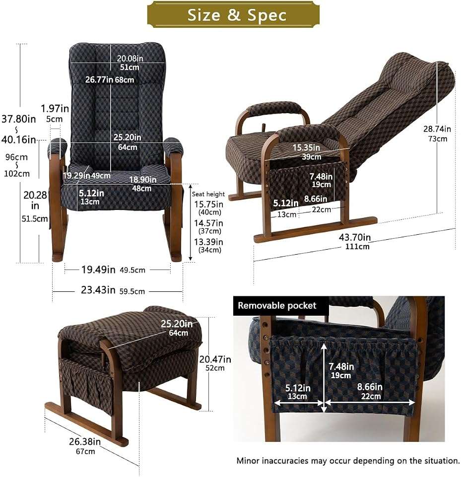 EMOOR Tatami Chair Japanese-Style Chair RYOKAN (Brown), Wooden Armrest & Sled Base Recliner Living Room Hight-Adjustable Upholstered Single Futon Sofa - Image 2