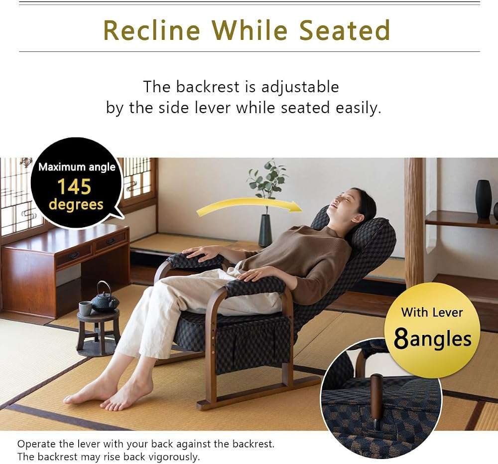 EMOOR Tatami Chair Japanese-Style Chair RYOKAN (Brown), Wooden Armrest & Sled Base Recliner Living Room Hight-Adjustable Upholstered Single Futon Sofa - Image 4