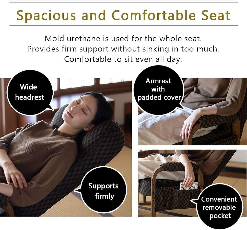 EMOOR Tatami Chair Japanese-Style Chair RYOKAN (Brown), Wooden Armrest & Sled Base Recliner Living Room Hight-Adjustable Upholstered Single Futon Sofa - Image 6