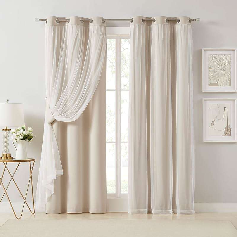 Bujasso Beige 90% Blackout Curtains with Sheer Overlay Mix and Match Double Layer Thermal Insulated Window Panels 84 inch for Living Room Bedroom Beige Drapes with Tiebacks Grommet Top 37" Wx84 Lx2 - Image 1