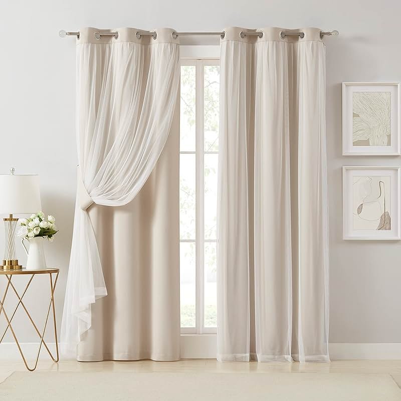Bujasso Beige 90% Blackout Curtains with Sheer Overlay Mix and Match Double Layer Thermal Insulated Window Panels 84 inch for Living Room Bedroom Beige Drapes with Tiebacks Grommet Top 37" Wx84 Lx2 - Product Image