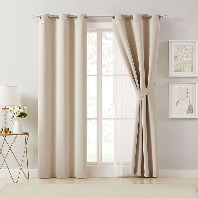 Bujasso Beige 90% Blackout Curtains with Sheer Overlay Mix and Match Double Layer Thermal Insulated Window Panels 84 inch for Living Room Bedroom Beige Drapes with Tiebacks Grommet Top 37" Wx84 Lx2 - Image 8