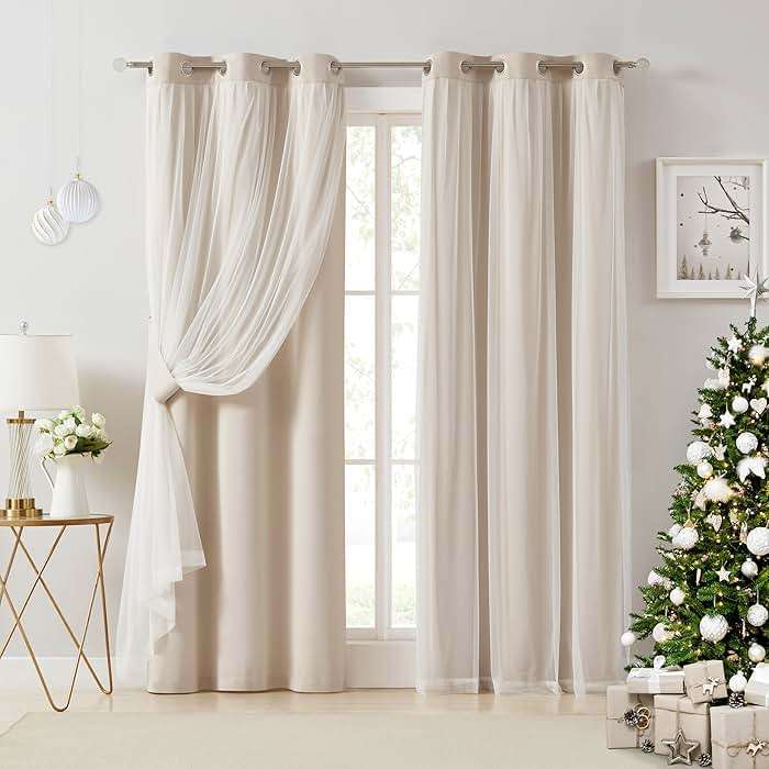 Bujasso Beige 90% Blackout Curtains with Sheer Overlay Mix and Match Double Layer Thermal Insulated Window Panels 84 inch for Living Room Bedroom Beige Drapes with Tiebacks Grommet Top 37" Wx84 Lx2 - Image 9