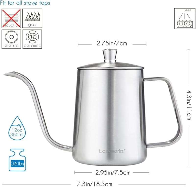 Easyworkz Gage Gooseneck Pour Over Coffee Kettle 20 oz Stainless Steel Hand Drip Long Narrow Spout, Silver - Image 3