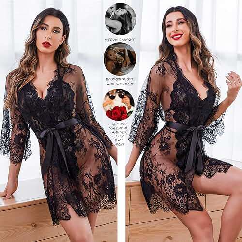 Avidlove Women Sexy Lingerie Set 2 Piece Lace Kimono Robe with Lace Teddy Lingerie Bodysuit - Image 3