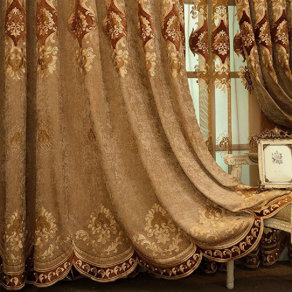 Amidoudou 1 Pair European Luxury Embroidered Curtains for Living Room Bedroom Chenille Curtains (Coffee,51x84 Inch) - Product Image