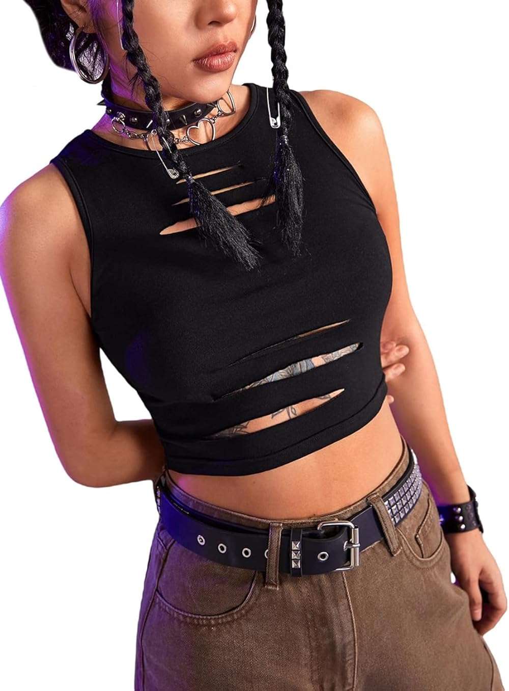 Floerns Women's Cut Out Sleeveless Round Neck Punk Rock Solid Ripped Crop Tank Top - Image 1