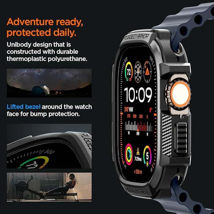 Spigen for Apple Watch Ultra 3/2/1 Case, Rugged Armor 49mm Durable TPU Cover - Black - Image 5