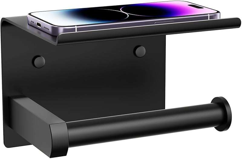 Tindbea Toilet Paper Holder with Phone Shelf, Adhesive or Screw Wall Mount Toilet Tissue Roll Holder, Rustproof & Multifunctional Stainless Steel Bathroom Storage Dispenser (Matte Black) - Image 1