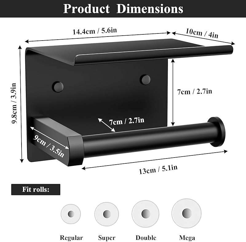 Tindbea Toilet Paper Holder with Phone Shelf, Adhesive or Screw Wall Mount Toilet Tissue Roll Holder, Rustproof & Multifunctional Stainless Steel Bathroom Storage Dispenser (Matte Black) - Image 3