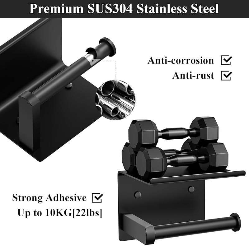 Tindbea Toilet Paper Holder with Phone Shelf, Adhesive or Screw Wall Mount Toilet Tissue Roll Holder, Rustproof & Multifunctional Stainless Steel Bathroom Storage Dispenser (Matte Black) - Image 4
