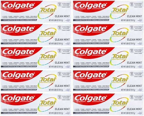 Colgate Total Toothpaste, Clean Mint, Travel Size 0.88 oz (24.9g) - Pack of 1010 - Image 1