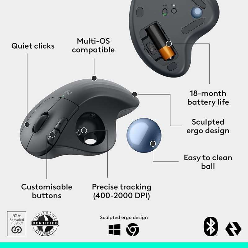 Logitech Ergo M575S Wireless Trackball Mouse, Wireless Ergonomic Mouse with Bluetooth and Encrypted Dongle, Comfortable Thumb Control, Precise and Smooth Tracking, for PC/Mac - Graphite Blue Ball - Image 6
