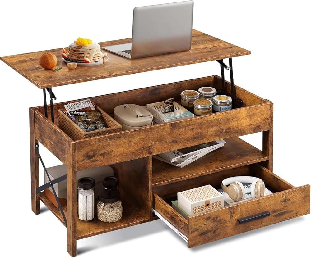 WLIVE Coffee Table, 39" Lift Top Coffee Table with Storage Drawers and Hidden Compartment for Living Room, Retro Central Table with Wooden Lift Tabletop Reception Room, Rustic Brown - Product Image