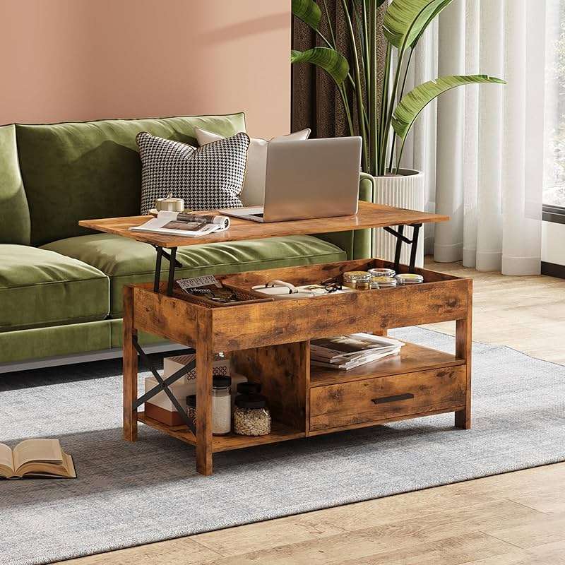 WLIVE Coffee Table, 39" Lift Top Coffee Table with Storage Drawers and Hidden Compartment for Living Room, Retro Central Table with Wooden Lift Tabletop Reception Room, Rustic Brown - Image 2