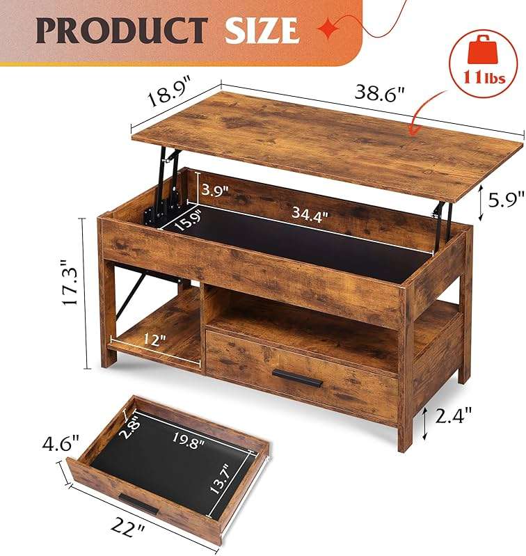 WLIVE Coffee Table, 39" Lift Top Coffee Table with Storage Drawers and Hidden Compartment for Living Room, Retro Central Table with Wooden Lift Tabletop Reception Room, Rustic Brown - Image 3