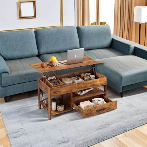 WLIVE Coffee Table, 39" Lift Top Coffee Table with Storage Drawers and Hidden Compartment for Living Room, Retro Central Table with Wooden Lift Tabletop Reception Room, Rustic Brown - Image 6