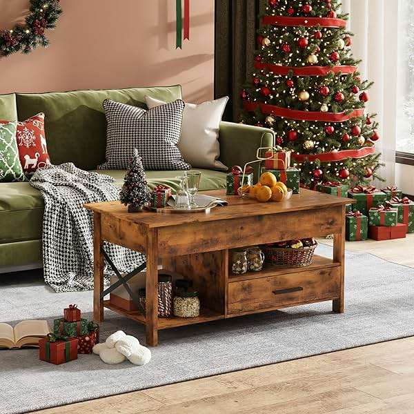 WLIVE Coffee Table, 39" Lift Top Coffee Table with Storage Drawers and Hidden Compartment for Living Room, Retro Central Table with Wooden Lift Tabletop Reception Room, Rustic Brown - Image 9