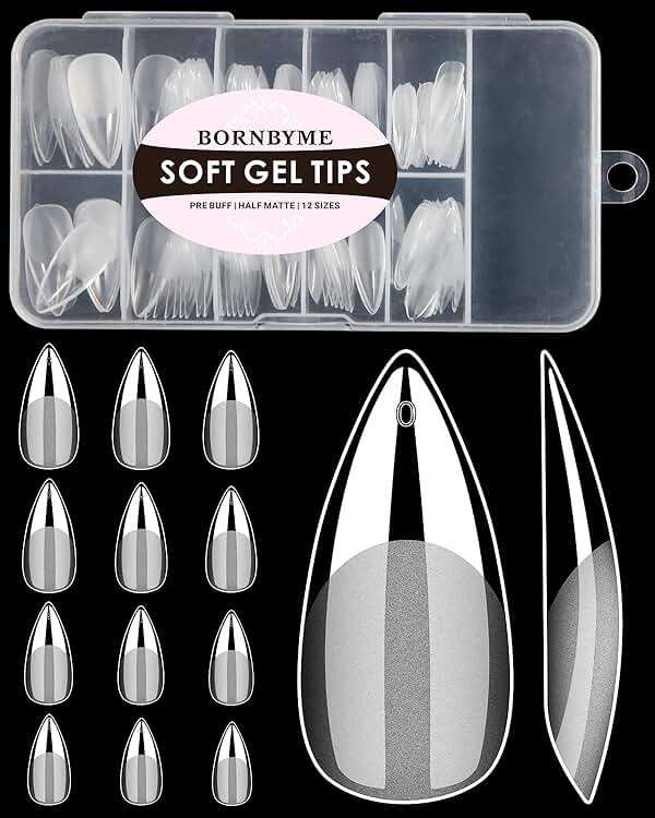 Soft Gel Nail Tips Medium Stiletto, 120PCS Pre Buff Full Cover Shaped Nail Extenison Tips Half Matte Gel Nail Tips BORNBYME - Image 1