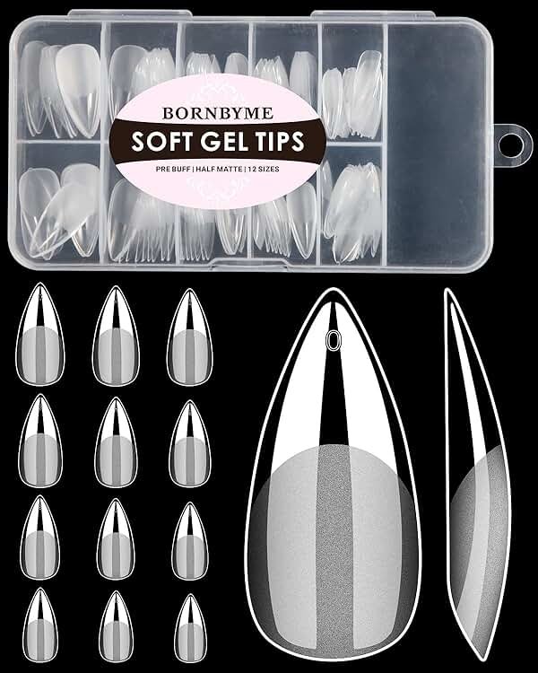 Soft Gel Nail Tips Medium Stiletto, 120PCS Pre Buff Full Cover Shaped Nail Extenison Tips Half Matte Gel Nail Tips BORNBYME - Product Image
