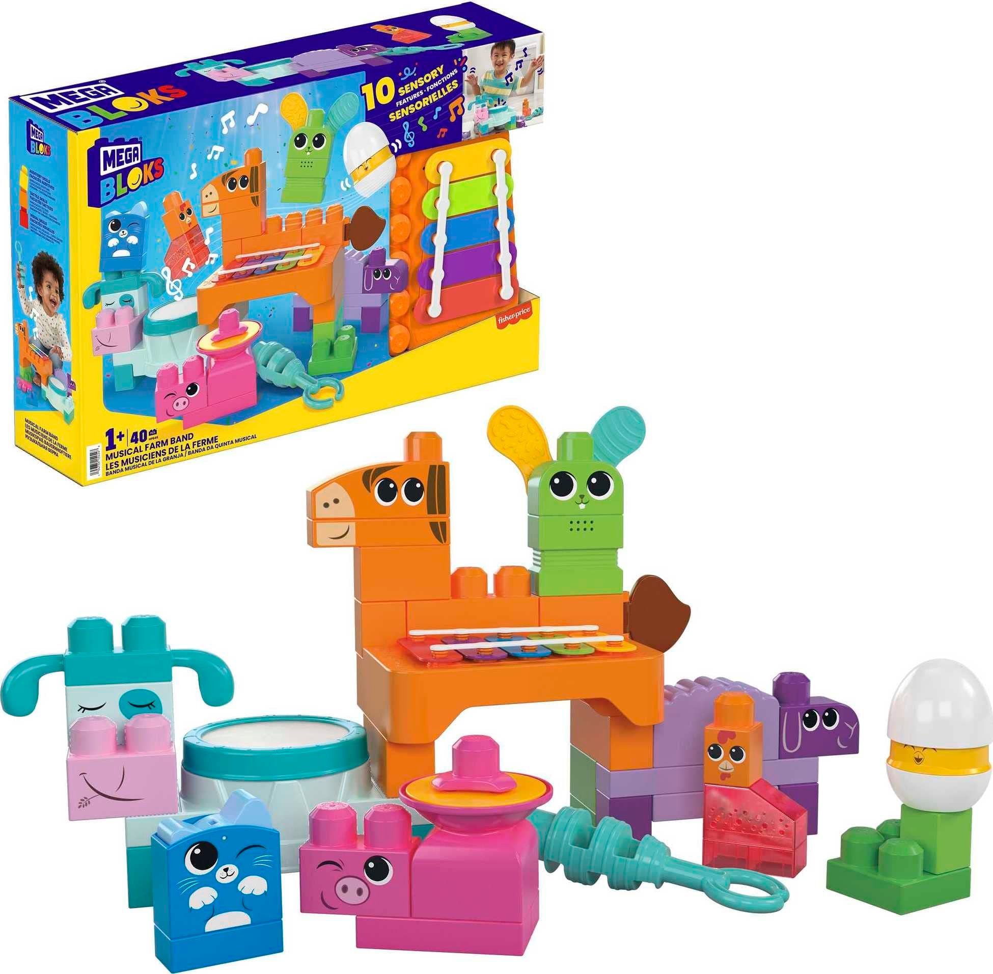Mega Bloks Fisher-Price Toddler Building Blocks Toy Set, Musical Farm Band with 40 Pieces and 6 Music Sheets, Ages 1+ Years - Product Image