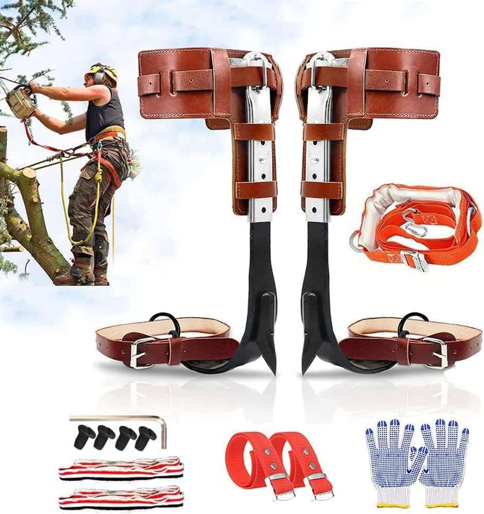 Tree Climbing Spikes, Cow Leather Tree Climbing Spikes Set Height Adjustable Tree Climbing Gear Pole Forging Tree Climbing Tool for Outdoor Jungle Survival Fruit Picking - Image 1