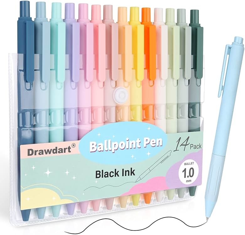 Drawdart 14-Pack Ballpoint Pens, Medium 1.0mm Black Ink Cute Pen with Super Soft Grip, Retractable - For Smooth Writing, Note Taking and Journaling, Office & School Supplies - Product Image