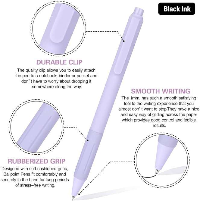 Drawdart 14-Pack Ballpoint Pens, Medium 1.0mm Black Ink Cute Pen with Super Soft Grip, Retractable - For Smooth Writing, Note Taking and Journaling, Office & School Supplies - Image 4