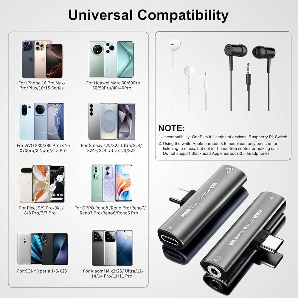 USB C Headphone Adapter, 2 in 1 USB C to 3.5mm Headphone Jack HiFi DAC with 27W Fast Charging Dongle Adapter Compatible for iPhone 15 15Pro 15promax,Samsung Galaxy S23 S22 S21 S20+ Note 20 Pixel 6/5 - Image 6