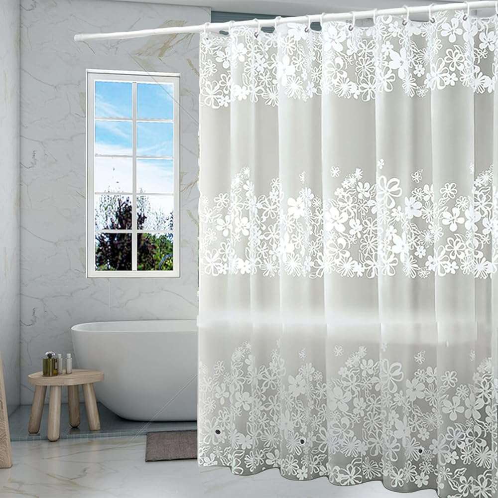 TIKABC Shower Curtain Liner, 4G PEVA Shower Liner, Plastic Waterproof Shower Curtains, with Grommet Holes and 3 Magnetic Weights(White Flower) - Image 1