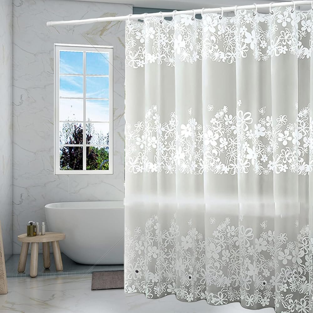 TIKABC Shower Curtain Liner, 4G PEVA Shower Liner, Plastic Waterproof Shower Curtains, with Grommet Holes and 3 Magnetic Weights(White Flower) - Product Image