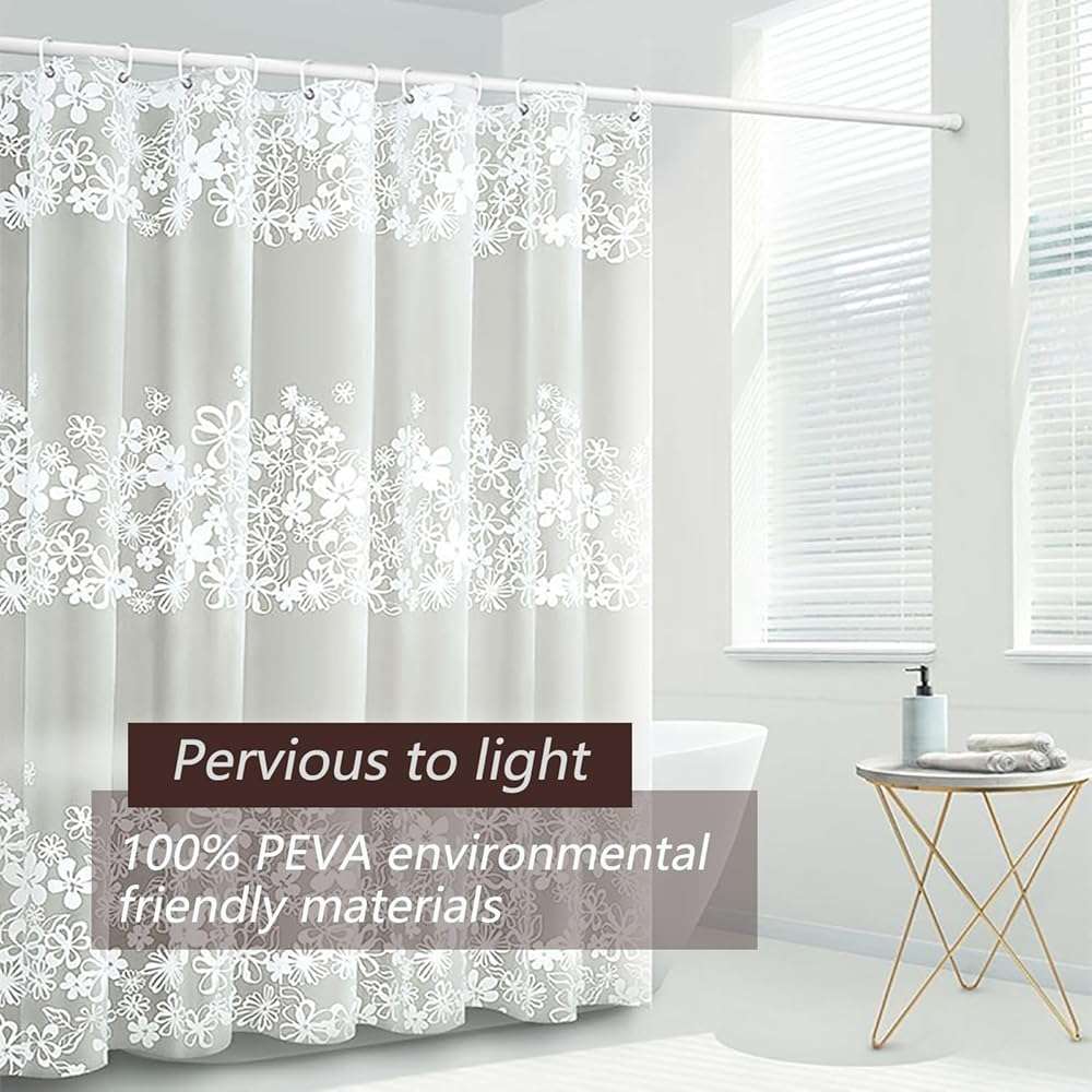 TIKABC Shower Curtain Liner, 4G PEVA Shower Liner, Plastic Waterproof Shower Curtains, with Grommet Holes and 3 Magnetic Weights(White Flower) - Image 3